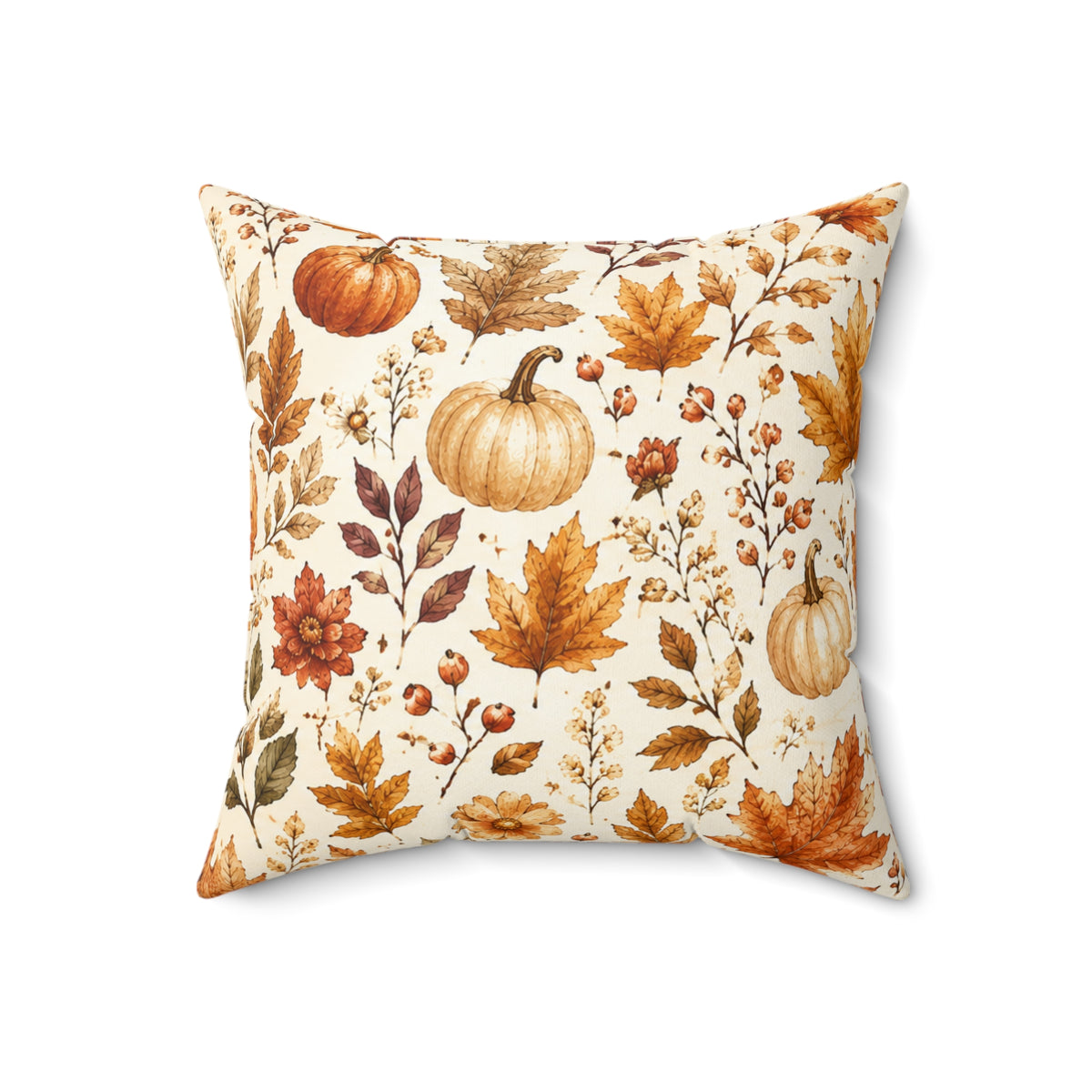 Autumn Harvest Decorative Throw Pillow – Watercolor Pumpkins & Fall Leaves
