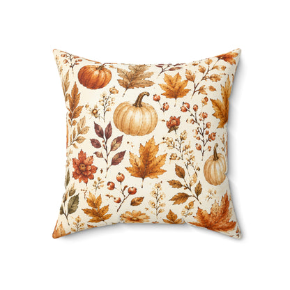 Autumn Harvest Decorative Throw Pillow – Watercolor Pumpkins & Fall Leaves