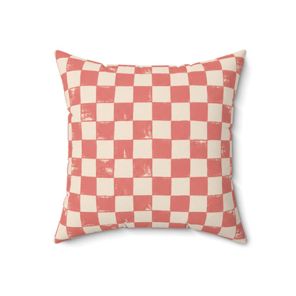 Coral Check Pillow - Pink Checkerboard Throw Pillow - Retro Decorative Cushion - Colorful Home Decor