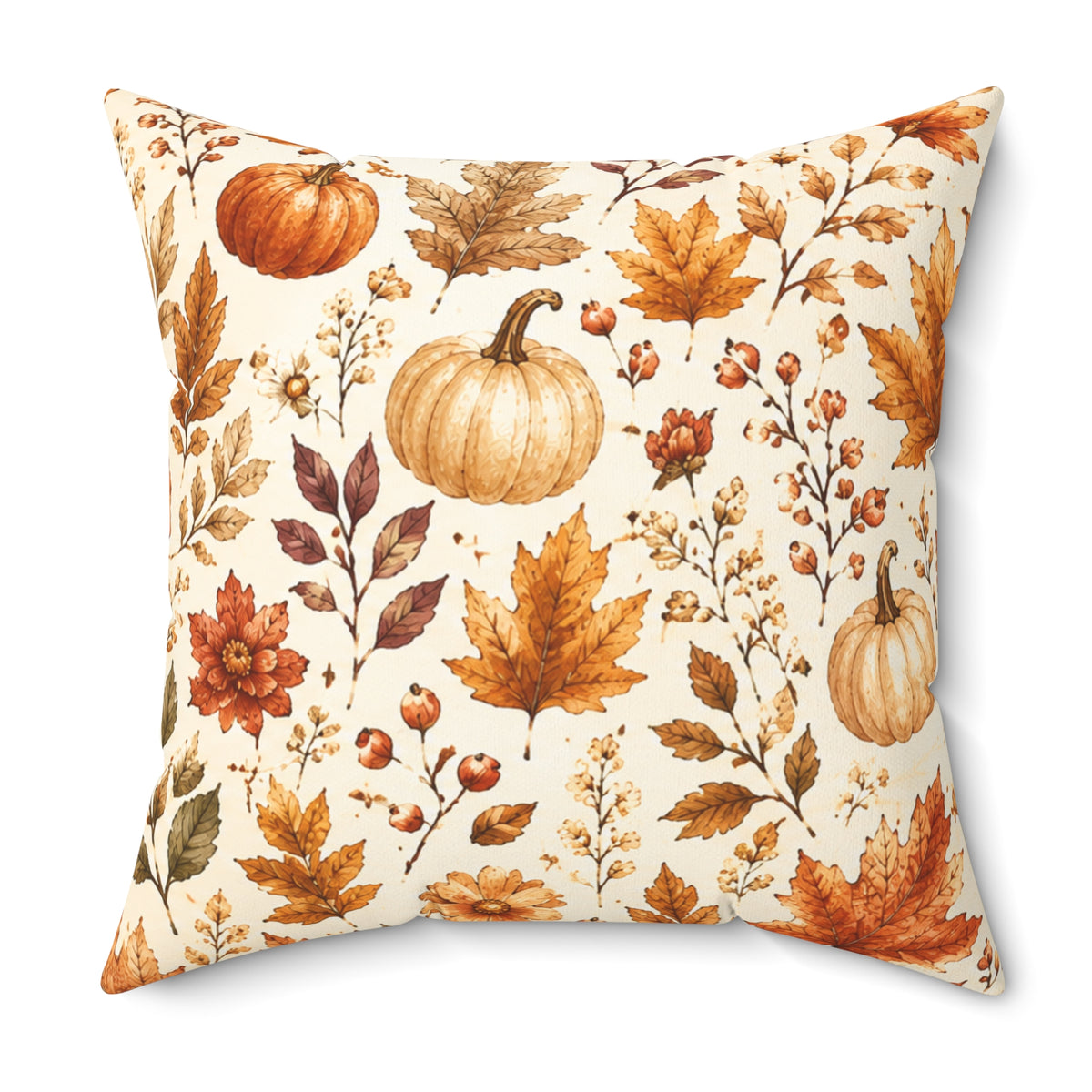Autumn Harvest Decorative Throw Pillow – Watercolor Pumpkins & Fall Leaves