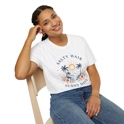 Salty Hair Sunny Days T-Shirt, Coastal Beach Graphic Tee, Summer Vacation Shirt, Surf & Ocean Lover Gift, Tropical Palm Tree Tee