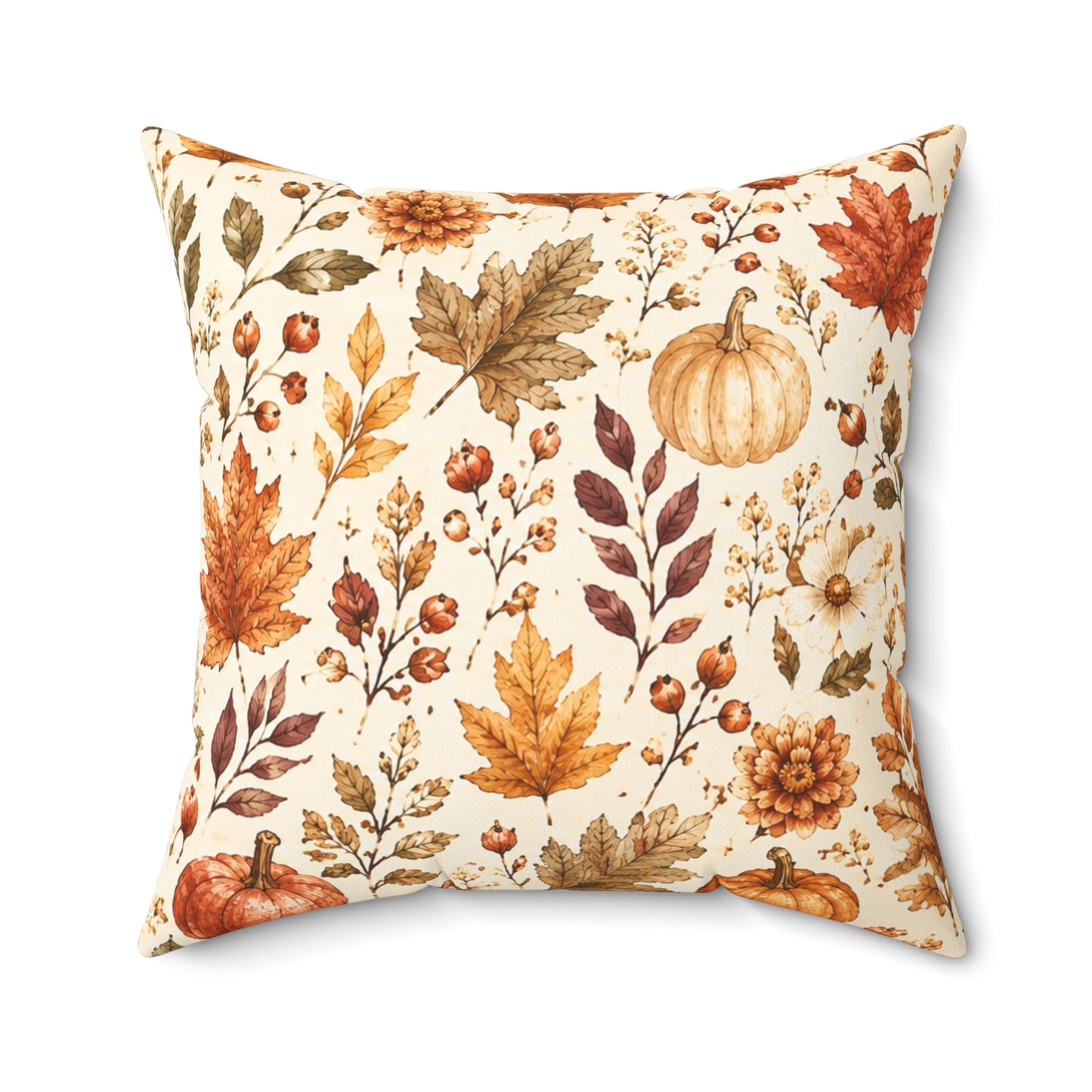 Autumn Harvest Decorative Throw Pillow – Watercolor Pumpkins & Fall Leaves