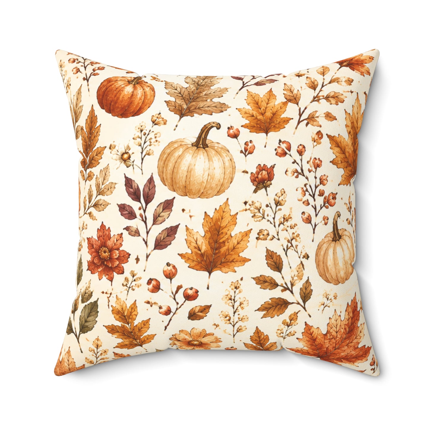 Autumn Harvest Decorative Throw Pillow – Watercolor Pumpkins & Fall Leaves