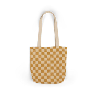Golden Check Tote Bag - Mustard Checkerboard Canvas Bag - Retro Market Tote - Everyday Shopping Bag