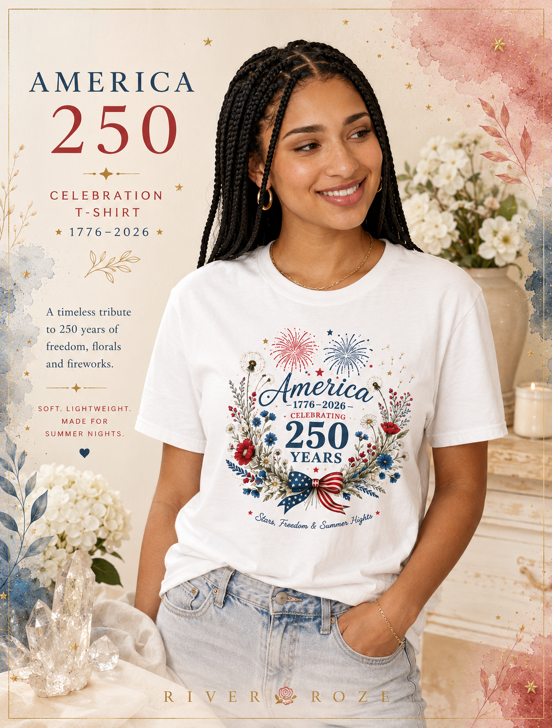 America 250 T-Shirt USA 250 Years of Freedom Tee Patriotic Floral USA Shirt