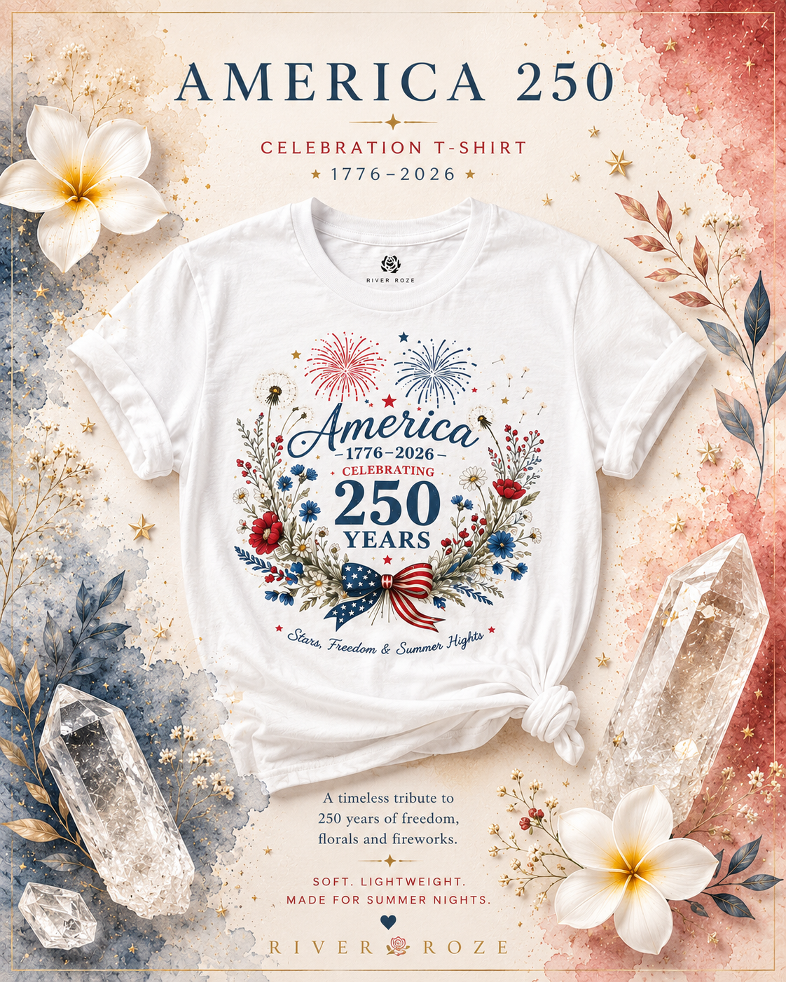 America 250 T-Shirt USA 250 Years of Freedom Tee Patriotic Floral USA Shirt